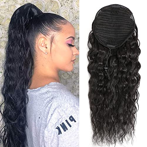 Dailinna Corn Wave Ponytail Extension Clip in - 22 Inch Long Wavy Curly Wrap Around Pony Tail 100% Human Hair Virgin Hair for Women 120 Gram (1B#,22Inch)