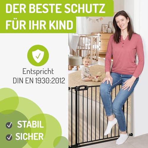 Bomi Treppenschutzgitter Merle Flatstep, Breite 95-103 cm | Türschutzgitter ohne Bohren, stabile Kindersicherung für Kind & Hund, TÜV geprüftes Hundegitter, Türgitter, Treppengitter, Metall Schwarz