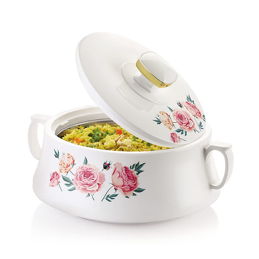 Image of Rishabh Stallion Insulated Hot Pot, 2500 ML, Floral Design, Cream Colour with Steel Interior