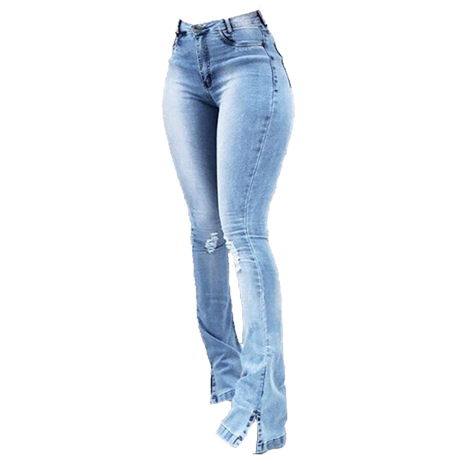 Women Skinny Ripped Bell Bottom Jeans High Waisted Split Hem Flared Denim Pants Distressed Wide Leg Jean Trouser (Light Blue,Medium)