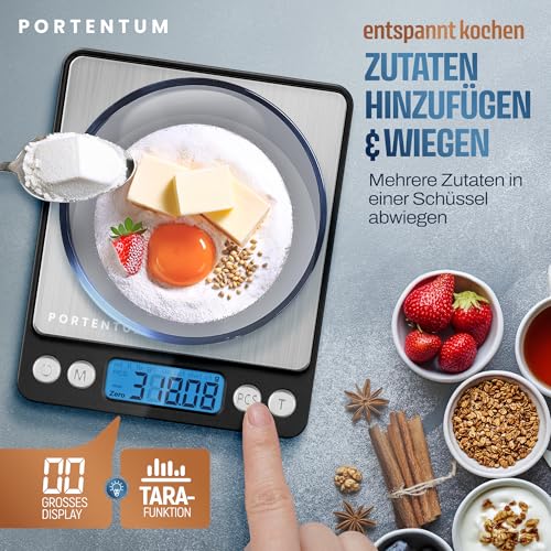 PORTENTUM Küchenwaage Digitale Profi (Hochpräzise 0.01g-500g)- Feinwaage mit LCD Display und 2 Batterien, Briefwaage Abstellautomatik und Tara, Kitchen Scale Klein mit 6 Maßeinheit