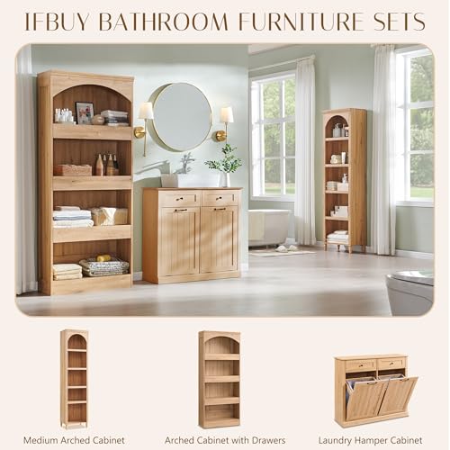 Image of IFBUY 76 inch Tall 3 Drawers Arched Bathroom Storage Cabinet, Natural