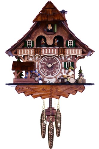 River City Clocks 13 Quartz 12 Melody Black Forest Cuckoo Dancers, waterwheel, and Beer Drinker Wall Clock, Brown