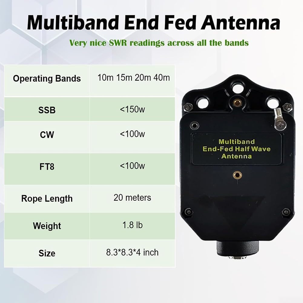 Antenne demi-onde 8 bandes à ondes courtes avec balun 1:64, prend en charge 10 m, 12 m, 15 m, 17 m, 20 m, 30 m, 40 m, 80 m pour radio amateur, boîtier ABS, SSB 150 W, noir (4010-150 W)