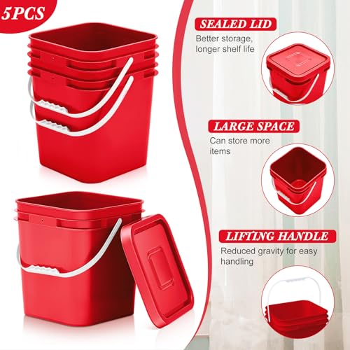Image of Mumufy 5 Pcs 3.5 Gallon Square Food Grade Bucket with Lid Square Bucket Pail Plastic Handles for Long Term Food Storage, Camping, Fishing, Home Organization Easy Stack and Store (Red)
