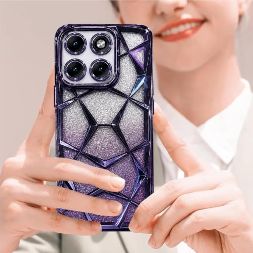 Image of VONZEE Gradient Glitter Case for Moto Edge 70 Fusion, Luxury Electroplated 3D Cube, Diamond Bling Shiny Soft TPU Clear Shockproof Women Girls Protective Phone Cover (Deep-p)