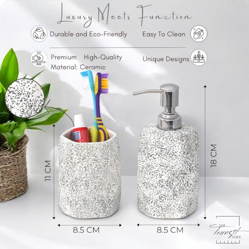 Image of Premium Ceramic Bathroom Set of 2 | Soap Dispenser & Toothbrush Holder for Bathroom Countertop | Stylish Handmade Ceramic Bath Accessories | Refillable Dispenser | White & Black