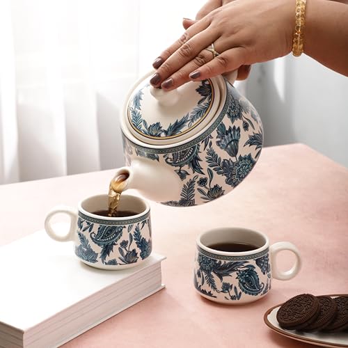 Image of miah decor Handcrafted Ceramic Morning Tea Set - 6 Tea Cups & 1 Kettle | White & Blue Print | Microwave & Dishwasher Safe | Elegant Tea Set for Home, Office & Gifting