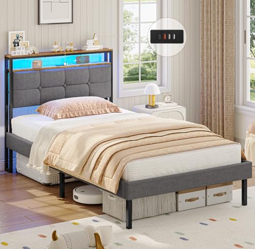 AOGLLATI Polsterbett 90x200 mit LED-Beleuchtung und Steckdosen Jugendbett mit Lattenrost aus Metall,Bett 90x200 mit Stauraum MetallBett Bettgestell mit Kopfteil Modern Einzelbett