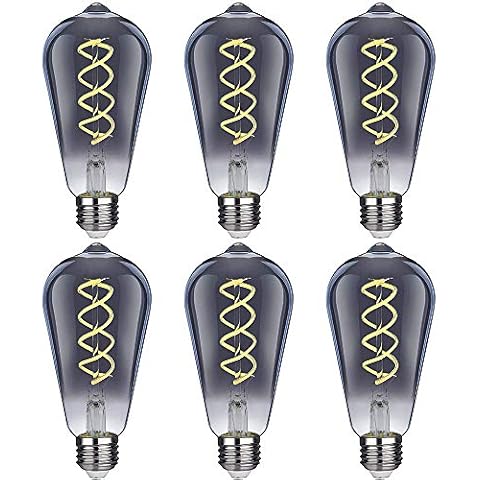 ICHDICH 6 Pack 5000K White Light ST58 LED Edison Bulbs, Decorative LED Spiral Filament Light Bulbs, E27 Medium Base, 6W(60W Equivalent), Smoky Grey Glass Finishing Cover