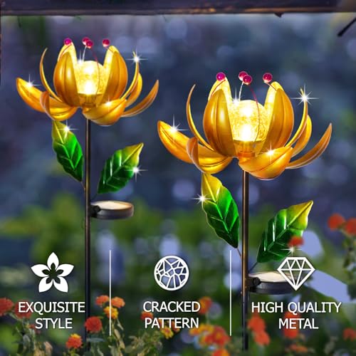 Image of Solar Lights Wind Spinners for Yard and Garden - Metal Lotus Flower Windmills LED Crackle Glass Globe Outdoor Garden Decor Yard Art Lawn Ornament