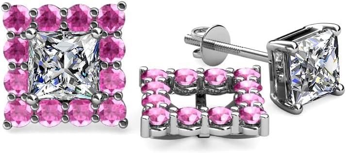 Pink Sapphire Halo Jackets for Princess Stud Earrings 0.76 ctw 14K Gold