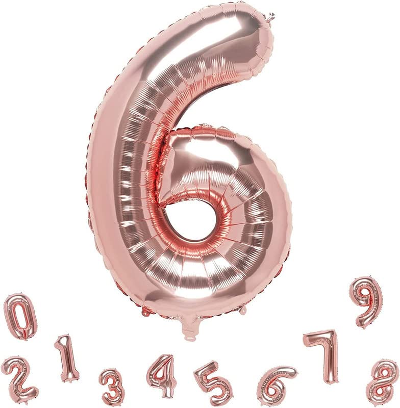 Image of Bubblebells Rose Gold 32 Inches 6 Numbers Shape Large Big Foil Helium Balloons for Party Decorations in Happy Birthday Anniversary Office Items Materials Set Pack