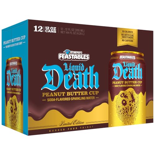 Image of Liquid Death Soda-Flavored Sparkling Water - Feastables Peanut Butter Cup, Less Sugar*, Huge Flavor, No Caffeine, No Artificial Sweeteners, 12 Fl Oz (Pack of 12)