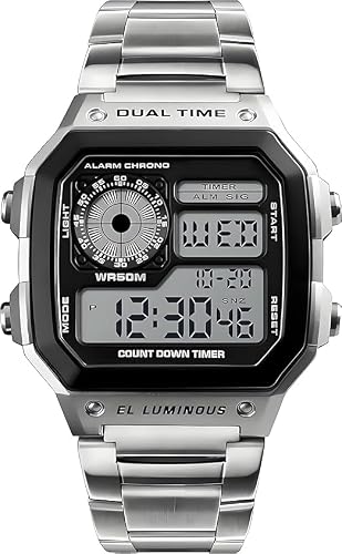 Nicoone Montre Numérique Homme Acier Inoxydable 50M Argent