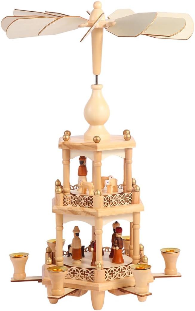 Christmas Pyramids with 6 Candler Holders-17 Inches-3 Tiers Carousel-Wood Nativity Scene Set