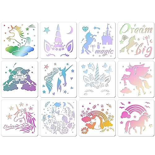 MWOOT 12 Pieces Unicorn Stencils Set for Painting DIY Drawing Plastic Template
