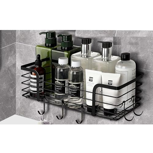 Image of Boniry Adhesive Shower Organizer with 3 Hooks /No Drilling Wall Mounted Rustproof Stainless Steel Shower Shelf /SUS 304 Stainless Steel Organization for Bathroom Rack (35L X 12W X 12H CM, Black)