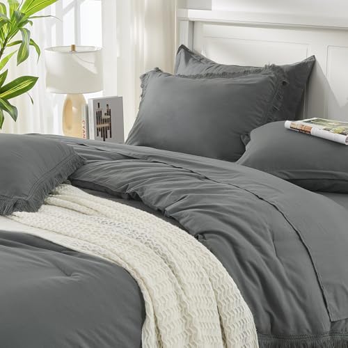 Image of Andency Dark Grey Full Size Comforter Set with Sheets - 7 Pieces Boho Tassel Bed in a Bag Soft Lightweight Bedding Sets, Dark Grey Fringe Bed Set with Comforter, Sheets, Pillowcases & Shams