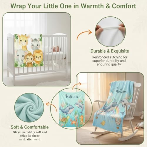 Image of Personalized Woodland Baby Blanket with Name, Custom Name Blanket for Boy, Printed in USA, Super Soft Blankets for Newborn, Customized Gifts for Baby Shower Birthday Christmas