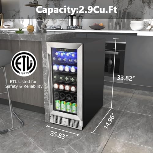Image of COWSAR Wine Fridge 15inch Beverage Refrigerator 2.9 Cu.Ft. Freestanding or Under Counter Cooler Stainless Steel Beer Fridge Mini ETL Approved