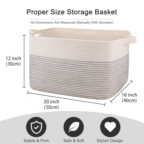 Image of OIAHOMY Large Blanket Basket, 65L Cotton Rope Woven Laundry Basket, Toy Bin for Baby Room, Container for Blanket Storage in Living Room, 20''x16''x12'', Black & White
