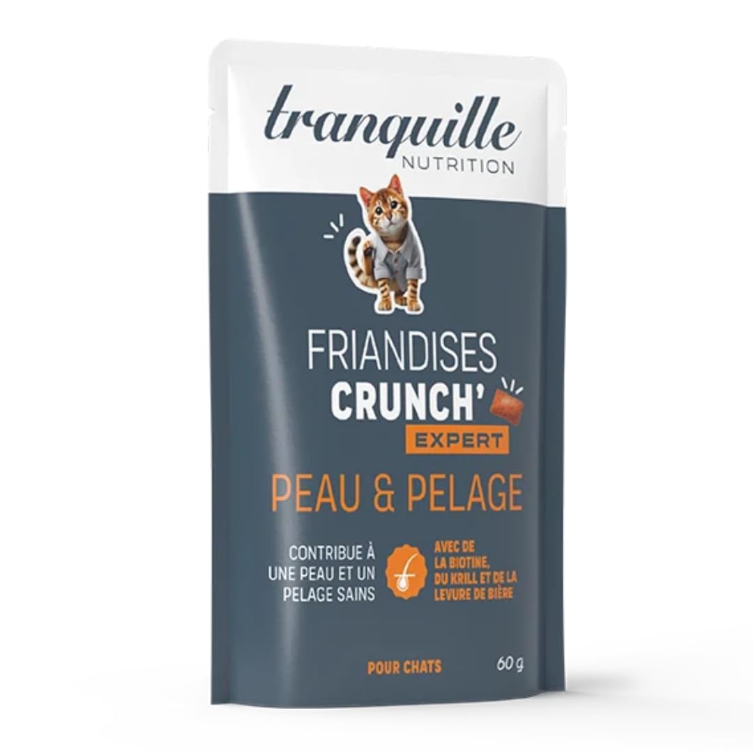 TRANQUILLE Crunch’ Expert Peau & Pelage pour Chat (Lot de 10x60g) | Friandises à la Biotine, Krill & Levure de Bière | Pelage Brillant & Peau Saine | Riche en Oméga 3 | Croquette Chat