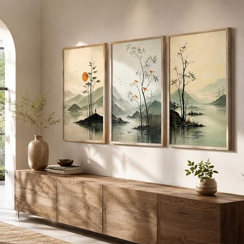 Image of Artify Serene Lake Mountain Landscape Wall Painting Set of 3 for Living Room Bedroom Hall Office Decor, Tree Bird Sunrise Nature Art, Premium Wooden Synthetic Frame