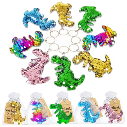 CiciBear 60 Pack Dinosaur Double-Deck Flip Sequin Party Sets with 20 Keychains, 20 Thank You Tags and 20 Bags for Dinosaur Party,Birthday,Carnival, Goodie Bag Stuffers, 5 Colors