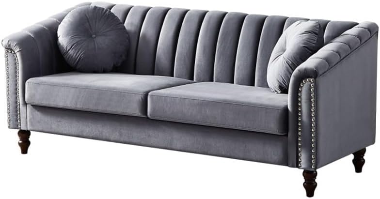 Velvet Upholstered Sofa Couch, 3 Seat Tufted Back with Nail Arms with 2 Pillows, Solid Wood Legs, Sleeper Sofa(Black)