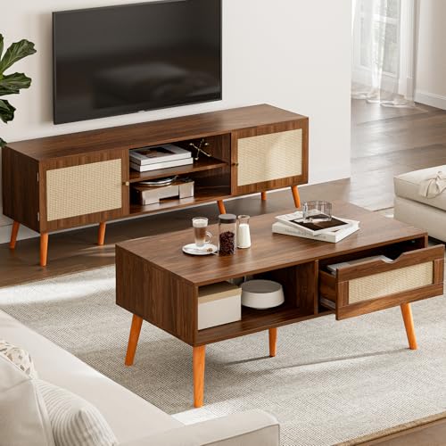 Image of ZttRiee Rattan Coffee Table with Drawer, Mid-Century, Walnut | 39.4 inchL x 19.7 inchW x 16.9 inchH, 220 lbs capacity, 1 rattan drawer & open compartments, solid wood legs, ~30 min assembly