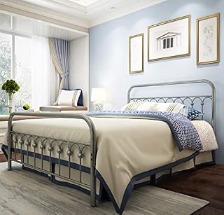 Metal Bed Frame Queen Size with Vintage Headboard and Footboard Platform Base Wrought