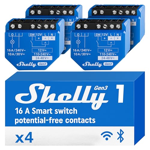 Shelly 1 Gen3 - WLAN Smart-Schalter-Relais mit Potentialfreie Kontakte, 1 Kanal, 16A, Lichtschalter, Garagentoröffner, Smart Home, Zeitschaltuhr, Alexa & Google Home, Kein Hub Erforderlich (4 Stück)