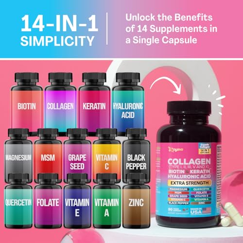 Zoyava Collagen Pills Peptides Types I, II, III, V & X MCG Biotin Keratin Hyaluronic Acid MSM Vitamin A Vitamin C Vitamin E Folic Acid Zinc Magnesium with Grape Seed Extract, Quercetin (90 Caps) - Image 6