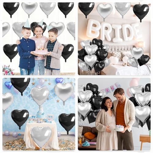 Image of Black Silver Heart Balloons, 10 Pcs 18 Inch Metallic Silver Black Heart Shaped Balloon Foil Balloons Helium for Boys Men Brithday Bridal Baby Shower Valentines Day Halloween Party Decorations