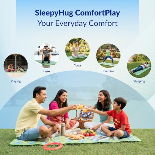 Image of SleepyHug ComfortPlay Multipurpose Mat | Foldable & Portable 13mm HR Foam Mat | FlexiCore Comfort Tech | Anti-Skid Base | for Yoga, Exercise, Kids' Play, Travel & Home Use | 72x35x13mm, Multicolor