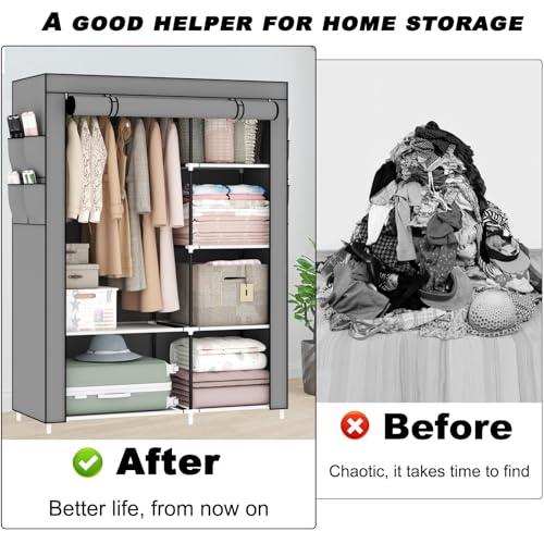 Image of OPPAIYA Canvas Wardrobe, Pop up wardrobe, Fabric Wardrobes Shelves with Hanging Rail, 105 x 45 x 165 cm, Great temporary wardrobe for bedrooms