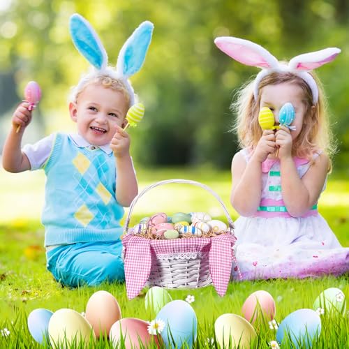 Image of Hushee Easter Willow Gift Basket 11 inchx7 inch Easter Wicker Bunny Baskets with Folding Handle Plaid Liners for Kids Toys Eggs Hunt Wood Bunny Bucket Decorations(Pink and White Plaid)