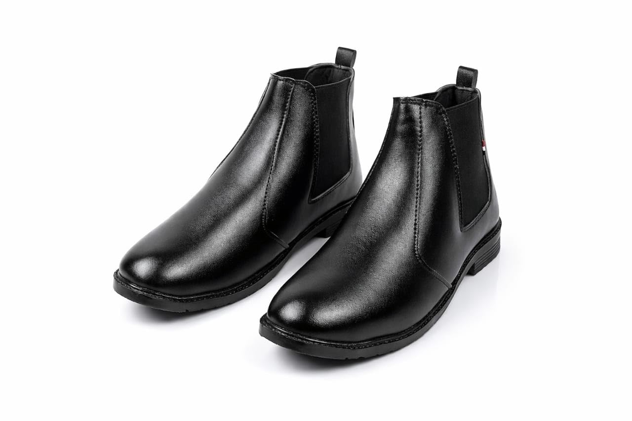 Men Black Chelsea Boot, Slip-On Ankle Boot with Elastic Side Panel