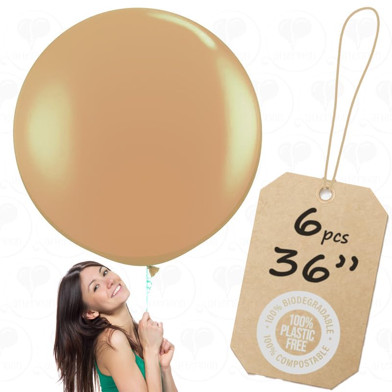AFTERLOON® Biodegradable Balloons 6 pcs 36 Inch Orb Perfect Round Giant Extra Large Beige, Thickened Strong Natural Latex Jumbo XL Big Helium Float, Gender Reveal Kids Birthday Party Decorations