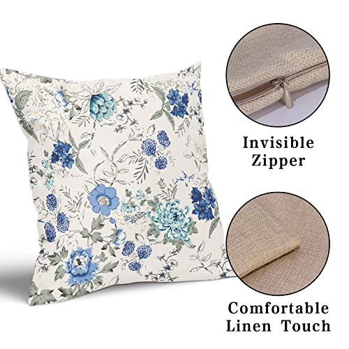 Kawani Blue Floral Throw Pillow Covers Set Of 2 18X18 In- Chinoiserie Toile Oriental Accent Flowers Leaves Linen Fabric Decorative Pillowcases Square Summer Cushion Cover For Couch Sofa Bed Car #TOP2