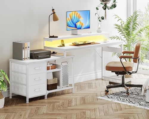 Scrivania Angolare con Cassetti, 174x100cm Scrivania Gaming a L con LED e Porta USB e Presa di Corrente, Scrivania per Ufficio con Ripiano, Scrivania ad Angolo per Computer, Bianca - Sedia gaming - Immagine 1