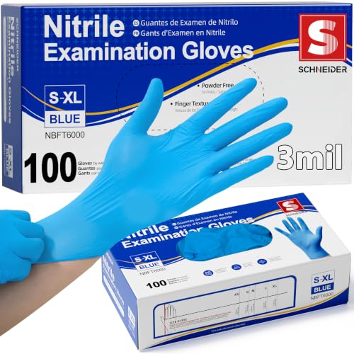 Schneider Medical Nitrile Exam Gloves, Powder-Free, Latex-Free, Non-Sterile Disposable Gloves for Medical Use, Cleaning and Food Prep, Blue, 100 Count, Medium