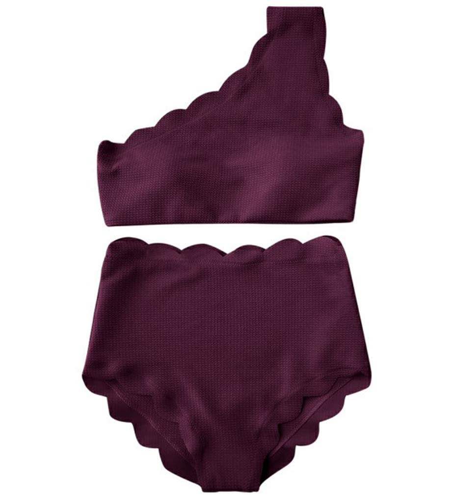 Lukitty Women's High Waisted Scalloped Trim Bikini Set One Shoulder Swimsuit