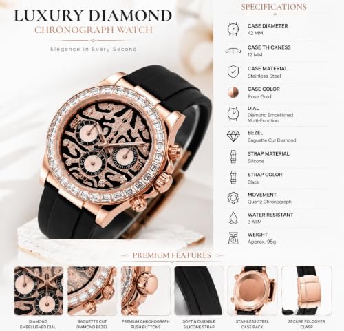 Generic Gold Chronograph Watch, Black Silicone Strap rose gold - Image 5