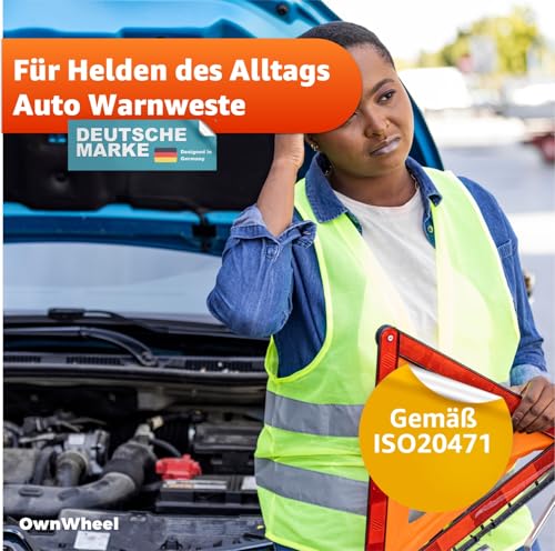 OwnWheel 4X Warnweste Auto ISO20471-2026: gelb - reflektierende Sicherheitsweste für PKW & LKW - Notfall & Pannenwesten