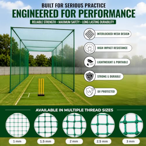 Image of ProZone UV-Protected, Interlocked Green Practice Cricket Net Without Poles and Roof, Sizes, Thread Options 1mm, 1.5mm, 2mm, 2.5mm & 3mm