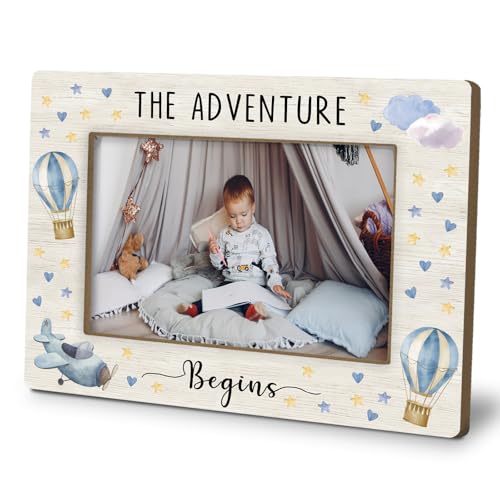 MIOHBVFD Baby Boy Picture Frame 4x6, Hot Air Balloon Nursery Photo Frame Gifts for Boy Son from Mom, The Adventure Begins Picture Photo Frames for Baby Boys Nursery Bedroom Playroom Desk decor