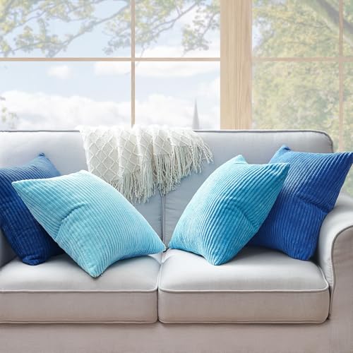 Image of Topfinel Decorative Throw Pillow Covers Aque Teal Blue Series,Summer Corduroy Striped Toss Pillows for Couch,Patio,Balcony,Children Bedroom,Modern Fluffy Blue Gradient Shams 20x20 Inch Set of 4