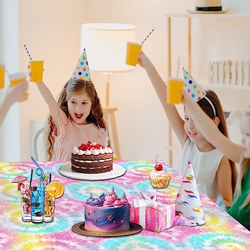 Image of CMUSKO Tie Dye Tablecloth, 3Pcs Tie Dye Birthday Party Decorations Plastic Table Cloths Rectangle Rainbow Table Cover for Colorful Birthday Baby Shower Picnic Dining Party Decor, 108x180cm